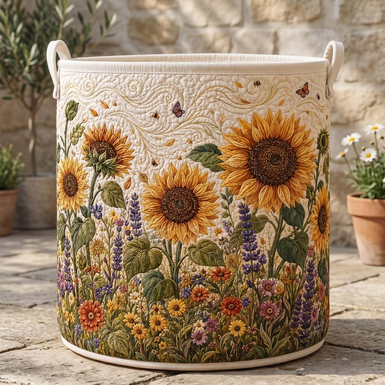 Sunflower Quilted Laundry Basket: Floral Lover Fabric Hamper, Gift For Grandma
