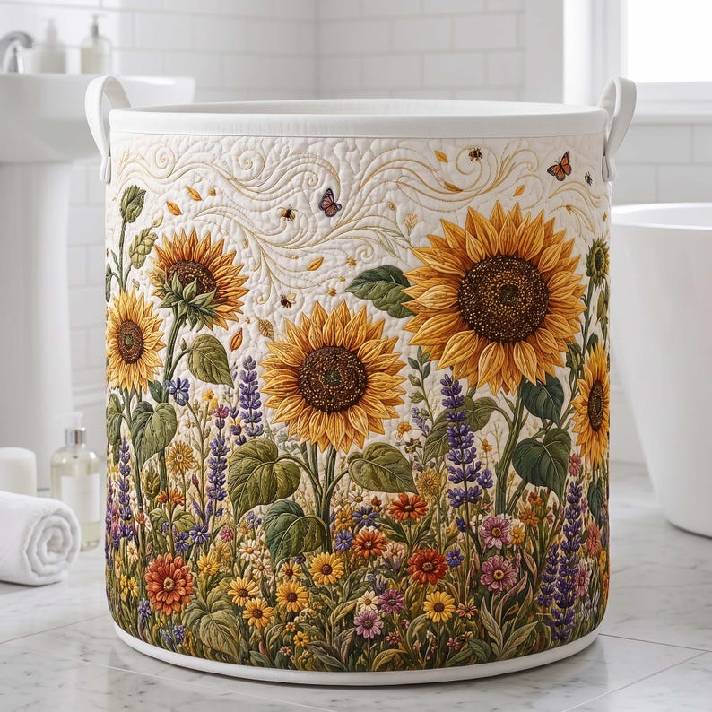 Sunflower Quilted Laundry Basket: Floral Lover Fabric Hamper, Gift For Grandma
