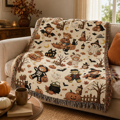 Halloween Teddy Bear Woven Blanket | Cozy Vintage Halloween Throw | Cute Fall Blanket | Cottagecore Halloween Decor | Bear Lovers Gift