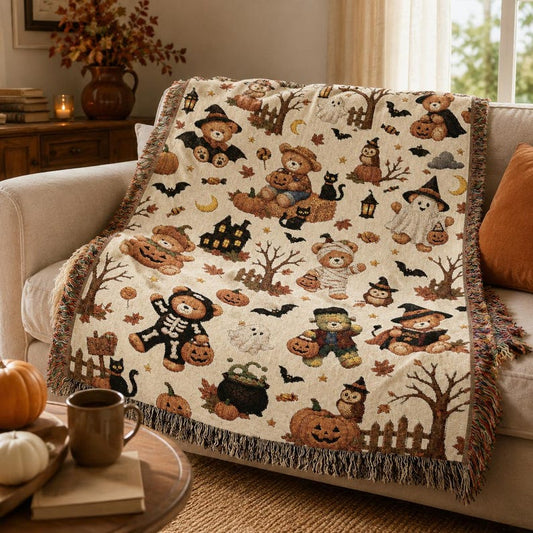 Halloween Teddy Bear Woven Blanket | Cozy Vintage Halloween Throw | Cute Fall Blanket | Cottagecore Halloween Decor | Bear Lovers Gift