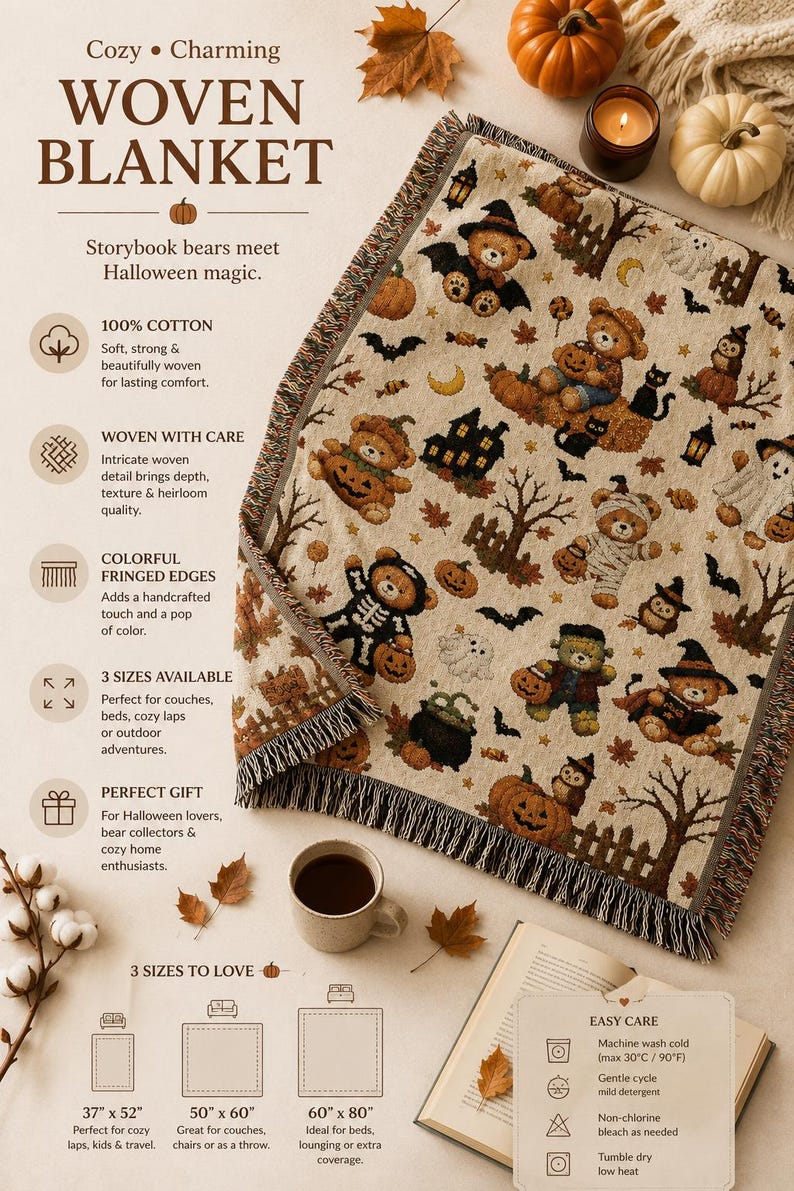 Halloween Teddy Bear Woven Blanket | Cozy Vintage Halloween Throw | Cute Fall Blanket | Cottagecore Halloween Decor | Bear Lovers Gift