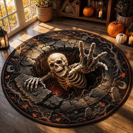Halloween Round Quilted Rug, 3D Skeleton Illusion Rug, Spooky Graveyard Area Rug, Scary Halloween Decor, Skeleton Floor Mat, Home Decor