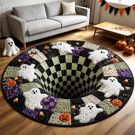 3D Ghost Optical Illusion Round Rug Halloween Vortex Floor Mat Cute Spooky Black Cat Bottomless Pit Carpet Creepy Checkered Home Decor