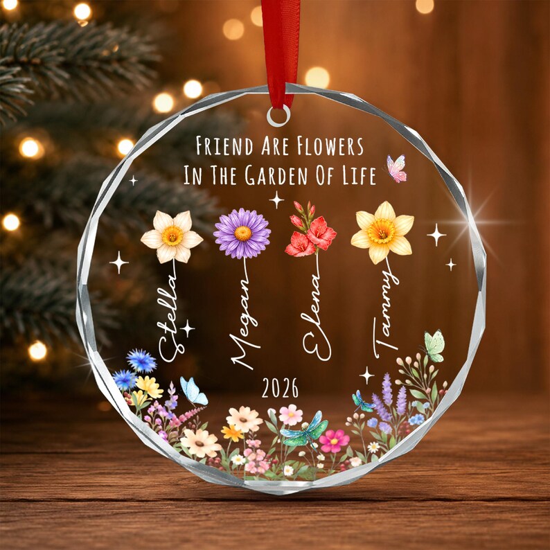 Personalized Friend Glass Ornament, Wildflower Friendship Keepsake