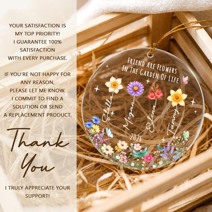 Personalized Friend Glass Ornament, Wildflower Friendship Keepsake