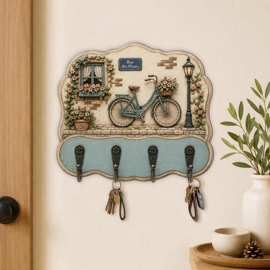 French Bicycle Key Holder, Vintage Floral Wall Rack, Rustic Cottage Entryway Decor, Shabby Chic Key Hooks
