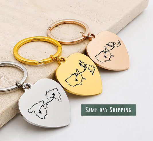 Heart Map Keychain • Long Distance Gift • Stainless Steel Couple Keychain