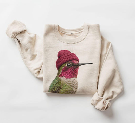 Retro 90's Anna's Hummingbird Wearing Beanie - Vintage Birdwatching Birding Unisex Sweatshirt