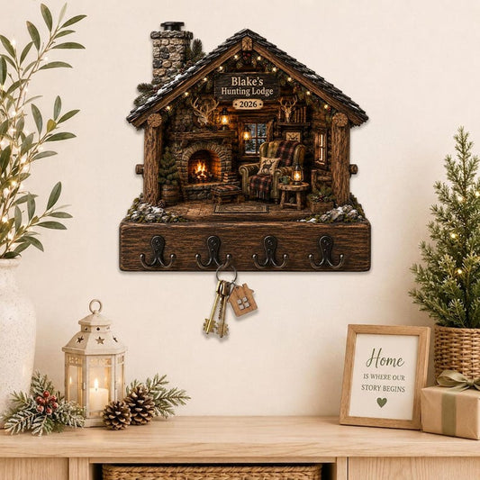 Rustic Hunting Lodge Key Holder, Mountain Cabin Wall Decor, Wood Key Rack