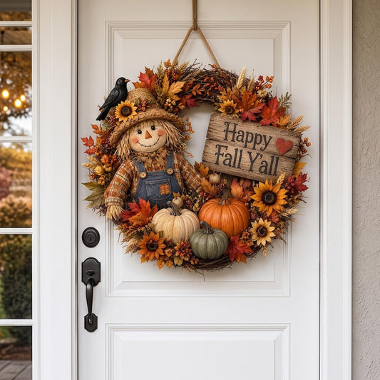 Happy Fall Y'all Scarecrow Wreath, Fall Front Door Decor, Pumpkin Sunflower Wreath, Rustic Autumn Door Hanger, Harvest Decor