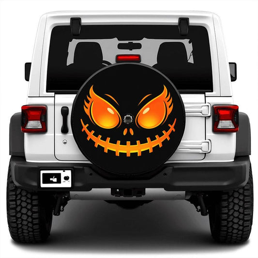 Spooky Halloween Face Spare Tire Cover, Glowing Jack-o-Lantern Wheel Protector (Optional Camera Hole)