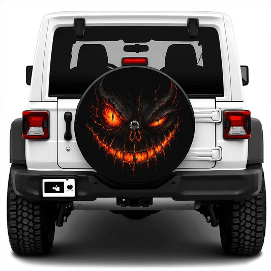 Fiery Demon Face Spare Tire Cover, Horror Halloween Wheel Protector (Optional Camera Hole)