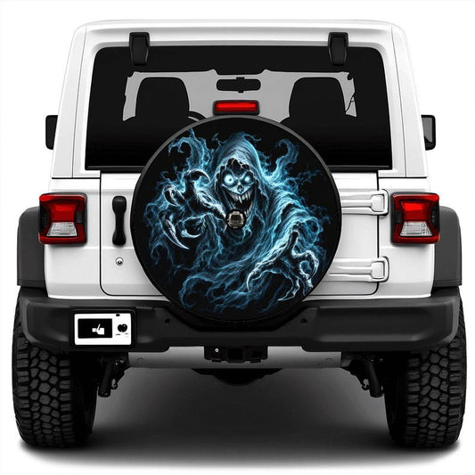 Blue Grim Reaper Spare Tire Cover, Scary Halloween Wheel Protector (Optional Camera Hole)