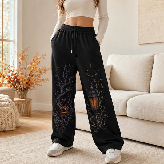Halloween Wide Leg Sweatpants for Women, Gothic Pumpkin Tree Lounge Pants, Spooky Lantern Joggers, Witchy Fall Streetwear, Halloween Gift