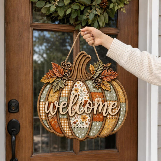 Pumpkin Welcome Door Hanger, Patchwork Fall Door Sign, Rustic Autumn Wood Decor, Farmhouse Porch Wreath, Thanksgiving Gift