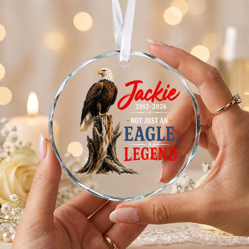 Jackie Bald Eagle Memorial Glass Ornament, Not Just an Eagle a Legend, Eagle Remembrance Keepsake, Fly High Memorial Gift, Eagle Lover Gift