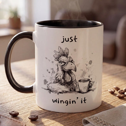 Just Wingin It Mug, Funny Chicken Coffee Mug, Sarcastic Coffee Mug, Funny Gift for Coworker, Tired Chicken Mug, Funny Morning Mug