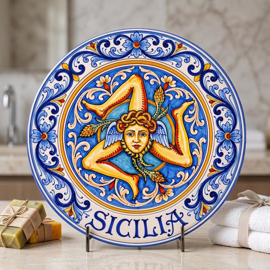 Sicily Symbol Display Plate Trinacria Motif Ceramic Art Blue Scrollwork Wall Accent Dish