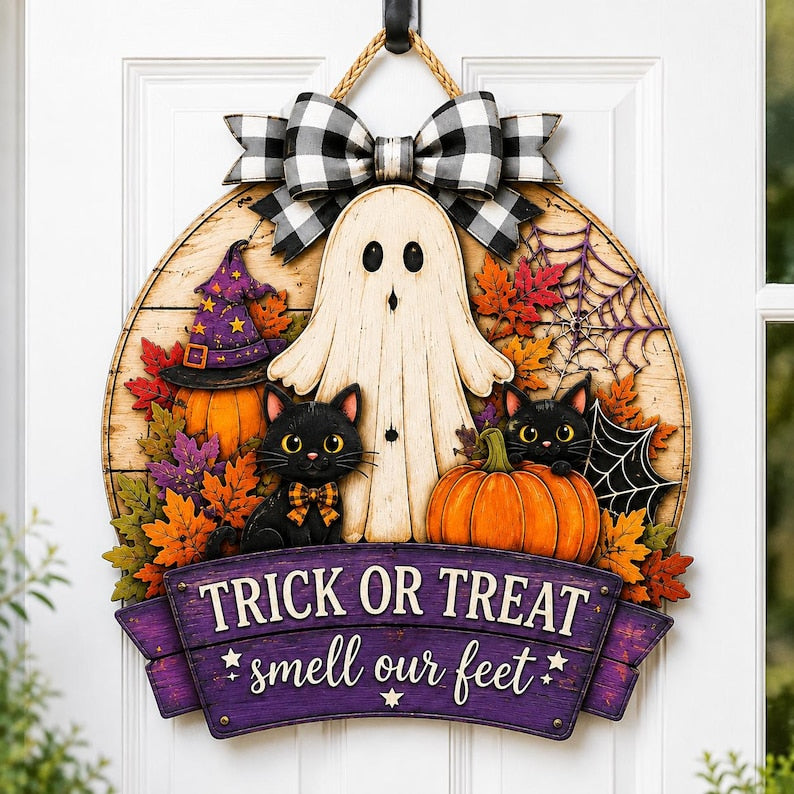 Halloween Wood Sign, Trick Or Treat Smell Our Feet, Ghost Cat Pumpkin Porch Decor, Spooky Fall Door Hanger, Custom Halloween Gift