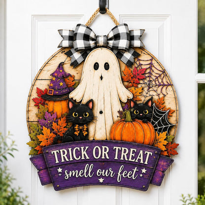 Halloween Wood Sign, Trick Or Treat Smell Our Feet, Ghost Cat Pumpkin Porch Decor, Spooky Fall Door Hanger, Custom Halloween Gift