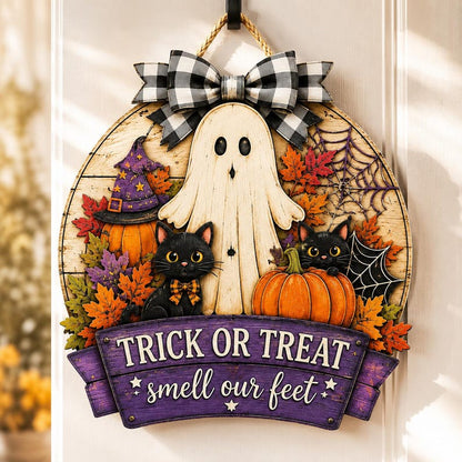 Halloween Wood Sign, Trick Or Treat Smell Our Feet, Ghost Cat Pumpkin Porch Decor, Spooky Fall Door Hanger, Custom Halloween Gift