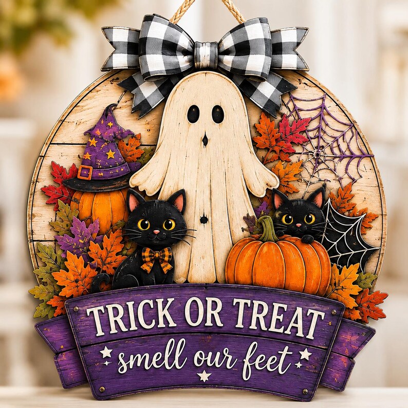 Halloween Wood Sign, Trick Or Treat Smell Our Feet, Ghost Cat Pumpkin Porch Decor, Spooky Fall Door Hanger, Custom Halloween Gift
