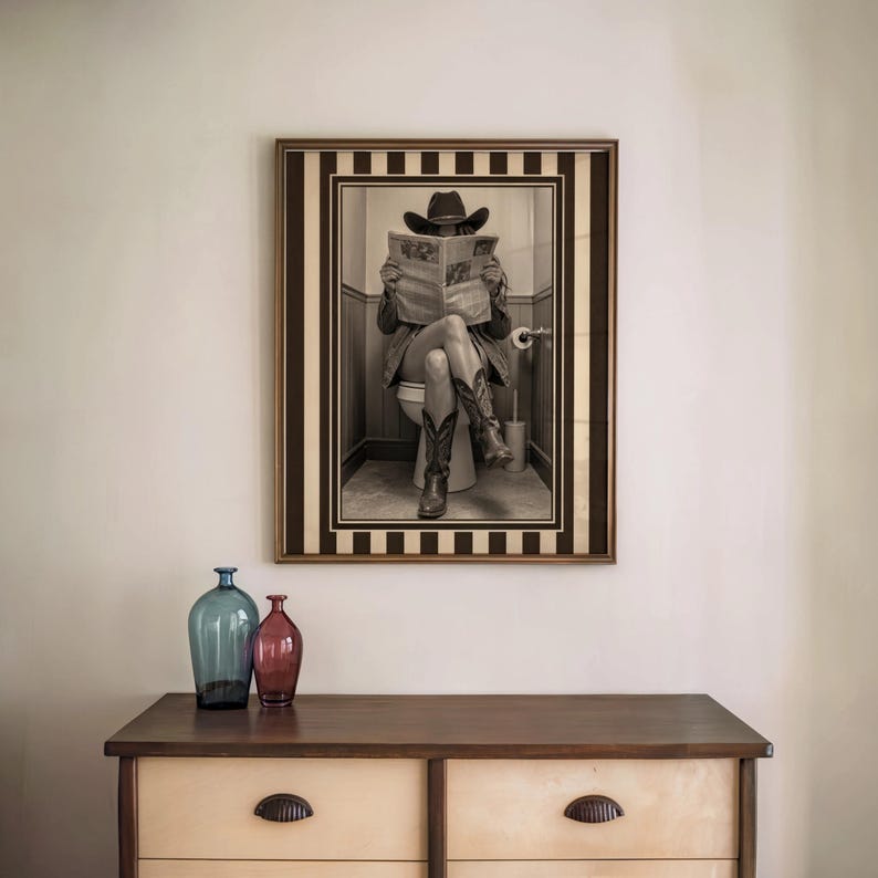 Funny Bathroom Cowgirl Wall Art Photo, Female Cowboy with Boots Reading Newspaper on Toilet, Quirky Restroom Decor, Humorous Loo Sign Print