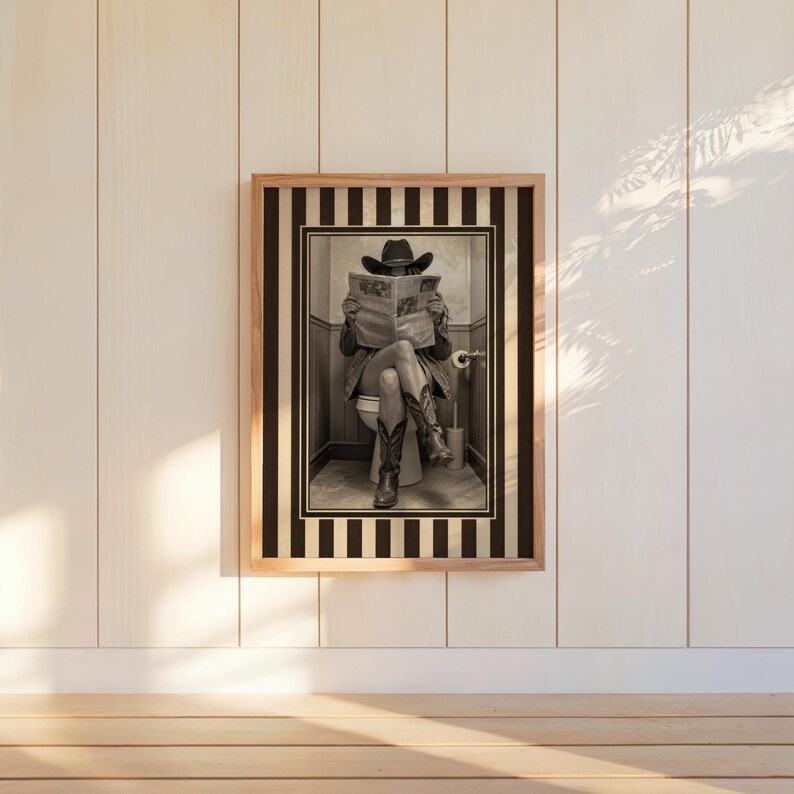 Funny Bathroom Cowgirl Wall Art Photo, Female Cowboy with Boots Reading Newspaper on Toilet, Quirky Restroom Decor, Humorous Loo Sign Print