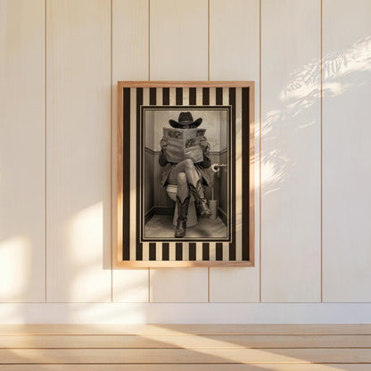 Funny Bathroom Cowgirl Wall Art Photo, Female Cowboy with Boots Reading Newspaper on Toilet, Quirky Restroom Decor, Humorous Loo Sign Print