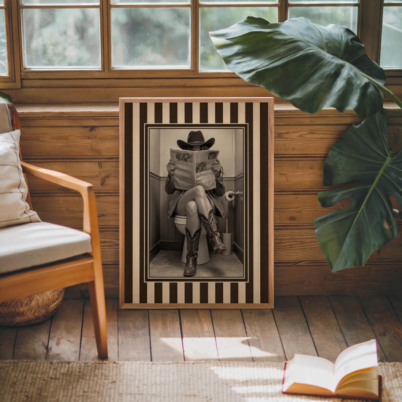 Funny Bathroom Cowgirl Wall Art Photo, Female Cowboy with Boots Reading Newspaper on Toilet, Quirky Restroom Decor, Humorous Loo Sign Print