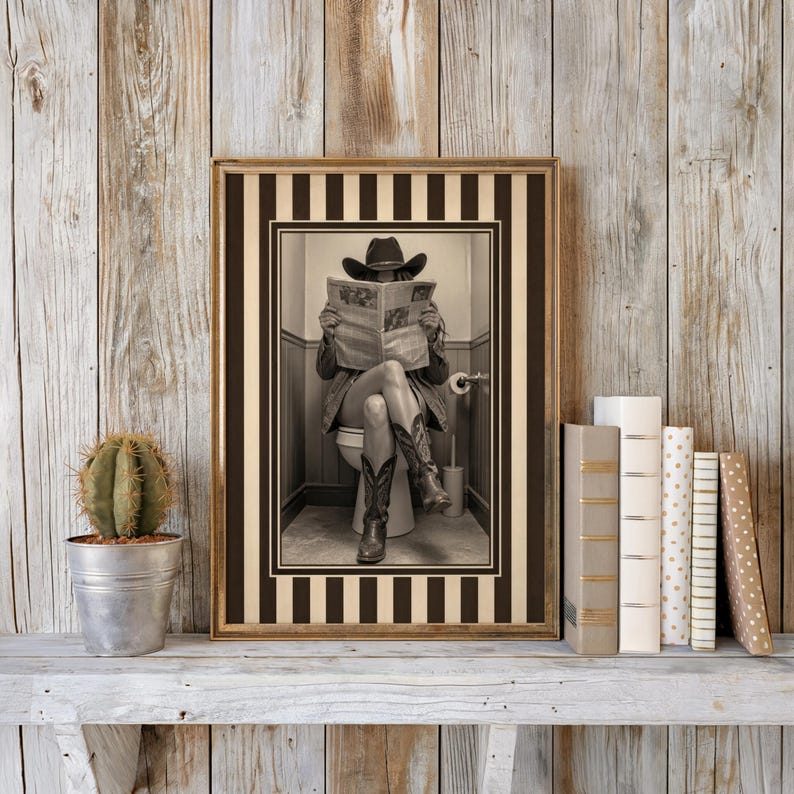 Funny Bathroom Cowgirl Wall Art Photo, Female Cowboy with Boots Reading Newspaper on Toilet, Quirky Restroom Decor, Humorous Loo Sign Print