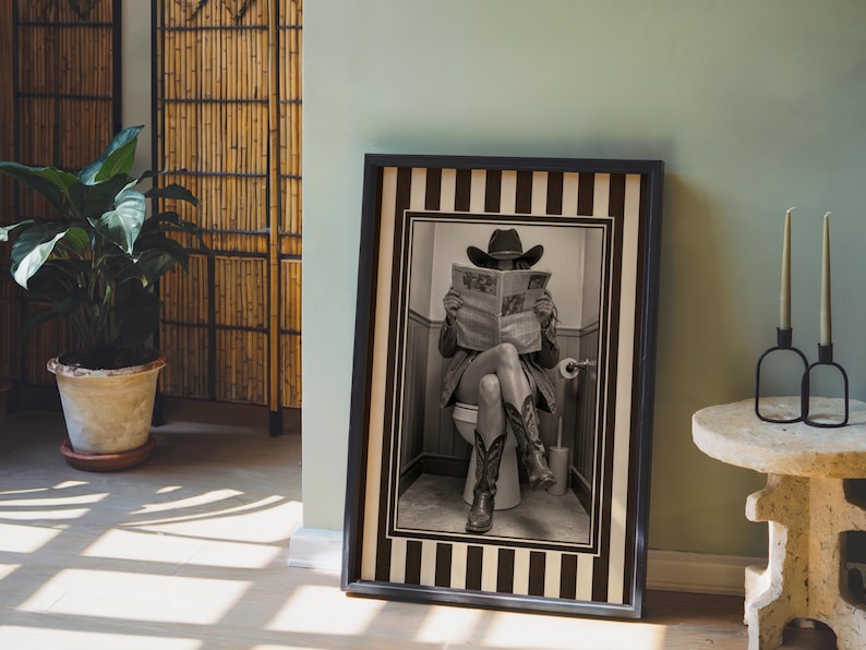 Funny Bathroom Cowgirl Wall Art Photo, Female Cowboy with Boots Reading Newspaper on Toilet, Quirky Restroom Decor, Humorous Loo Sign Print