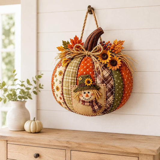 Patchwork Pumpkin Wood Sign, Scarecrow Fall Door Hanger, Rustic Sunflower Autumn Decor, Thanksgiving Farmhouse Wreath