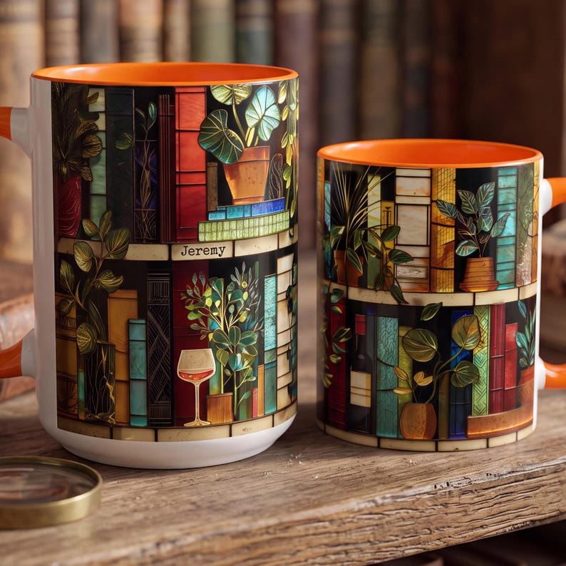 Personalized Book Lover Mug, Custom Name Stained Glass Library Coffee Cup, Reader Gift For Her, Bookworm Gift, Plant Lady Wine Book Mug