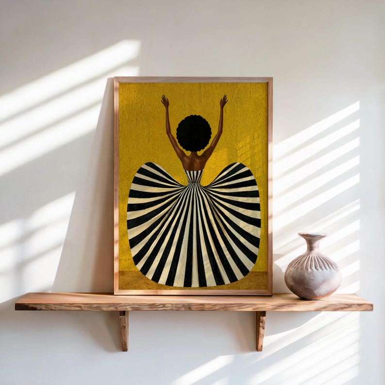 Black Woman in Striped Dress Art Print, Afrocentric Dancer Wall Decor, Vibrant Fashion Poster, Modern Mid Century African American Decor