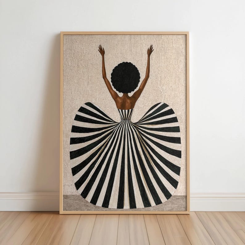 Black Woman in Striped Dress Art Print, Afrocentric Dancer Wall Decor, Vibrant Fashion Poster, Modern Mid Century African American Decor