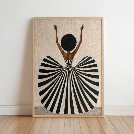 Black Woman in Striped Dress Art Print, Afrocentric Dancer Wall Decor, Vibrant Fashion Poster, Modern Mid Century African American Decor