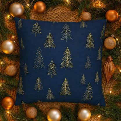 Gold Christmas Trees Pillow Cover, Woodland Fir Pattern Navy Throw Cushion Case, Her Cabin Chic Luxe Decor, Winter Aesthetic Pillowcase Gift