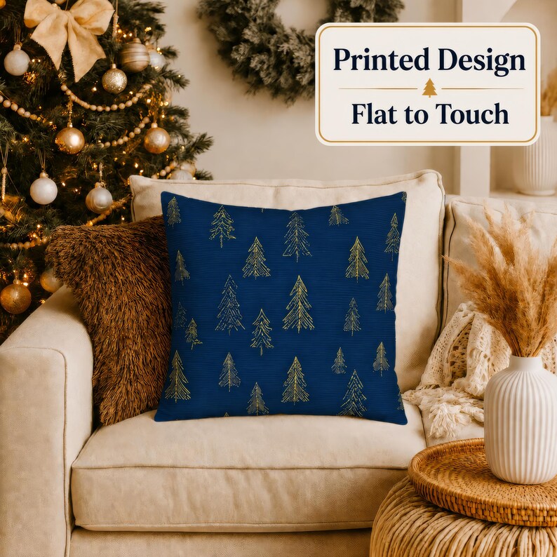 Gold Christmas Trees Pillow Cover, Woodland Fir Pattern Navy Throw Cushion Case, Her Cabin Chic Luxe Decor, Winter Aesthetic Pillowcase Gift