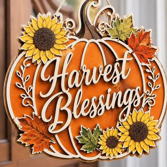 Harvest Blessings Wood Sign, Pumpkin Sunflower Door Hanger, Thanksgiving Porch Decor, Rustic Farmhouse Fall Wall Art, Autumn Gift