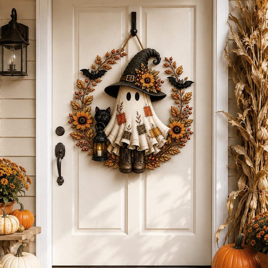 Halloween Ghost Door Hanger, Patchwork Witch Ghost & Black Cat Wood Sign, Spooky Fall Front Door Decor, Rustic Autumn Halloween Sign