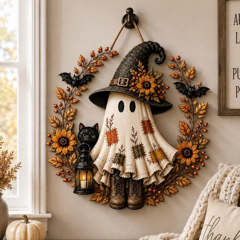 Halloween Ghost Door Hanger, Patchwork Witch Ghost & Black Cat Wood Sign, Spooky Fall Front Door Decor, Rustic Autumn Halloween Sign