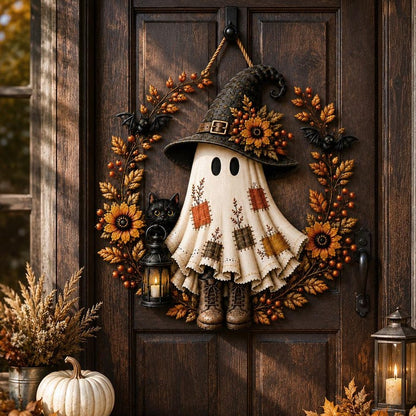 Halloween Ghost Door Hanger, Patchwork Witch Ghost & Black Cat Wood Sign, Spooky Fall Front Door Decor, Rustic Autumn Halloween Sign
