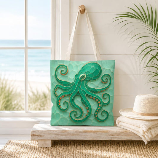Coastal Octopus Tote Bag, Beach Tote Ocean Bag, Nautical Sea Life Bag, Coastal Market Tote, Ocean Lover Gift, Summer Beach Bag
