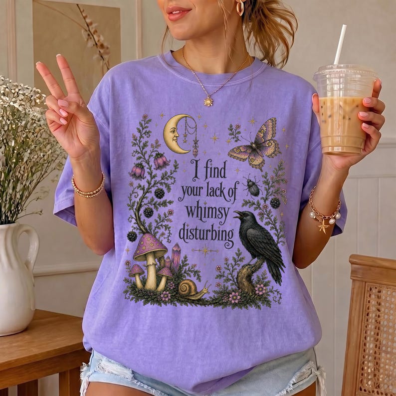 Comfort Colors  Lack of Whimsy Crow Shirt, Witchy Autumn Tee, Celestial Moth Halloween Gift Women