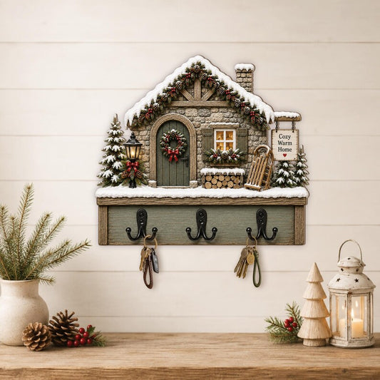 Wooden Christmas Cottage Key Holder, Rustic Winter Wall Decor, Entryway Organizer