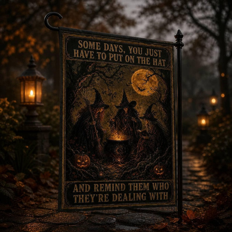 Black Halloween Garden Flag with Witches, Cauldron, Pumpkins and Moon