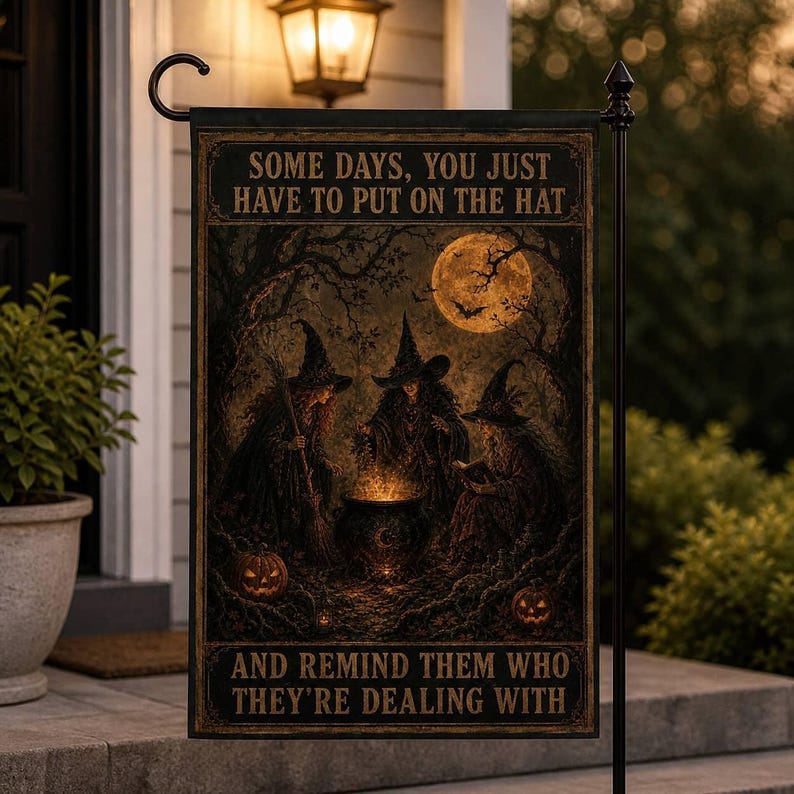 Black Halloween Garden Flag with Witches, Cauldron, Pumpkins and Moon