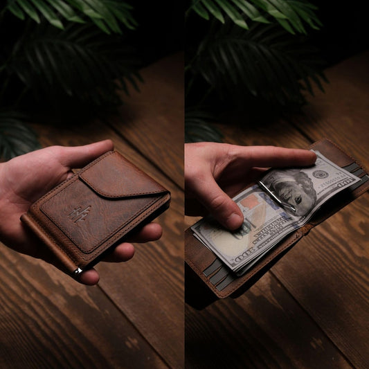 Full Grain Leather Minimalist Money Clip Wallet, Slim Card Holder, Personalized Gift