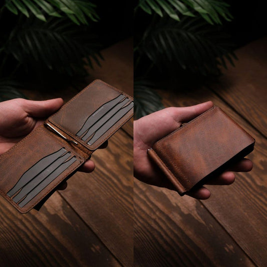 Full Grain Leather Minimalist Money Clip Wallet, Slim Card Holder, Personalized Gift